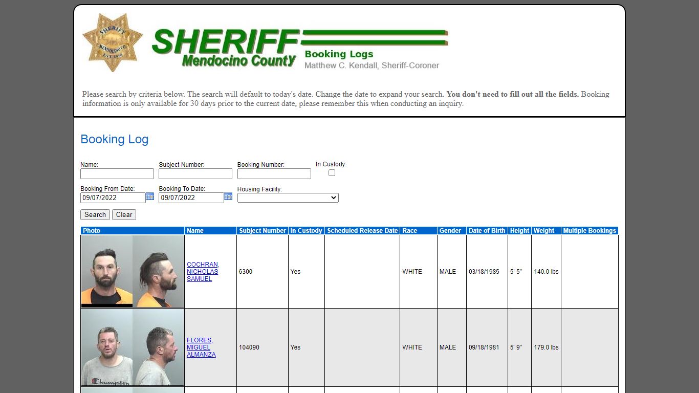 Booking Log - Mendocino County Sheriff's Office